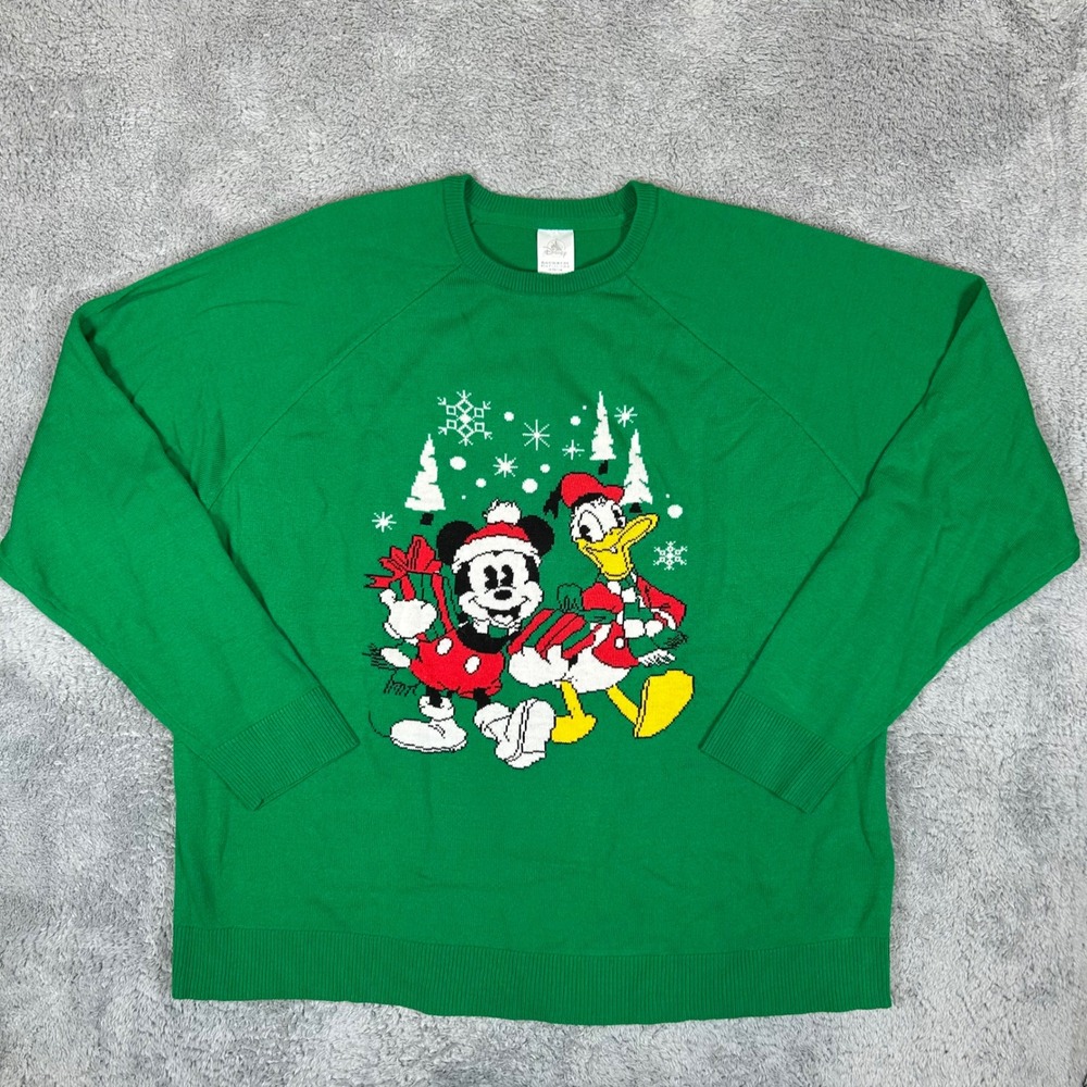Disney Parks Mickey Mouse Donald Duck Christmas Holiday Sweater Green XL Unisex